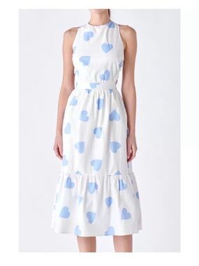 English Factory Heart Print Open Back Midi Dress | White/Blue | Size S | NWT